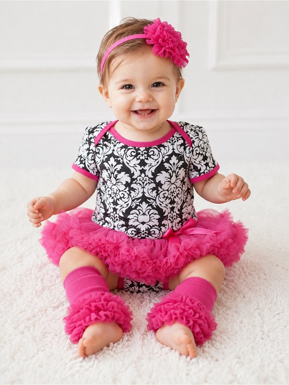 Black & White Damask Baby Tutu Onesie with Hot Pink Ruffle Leg Warmers